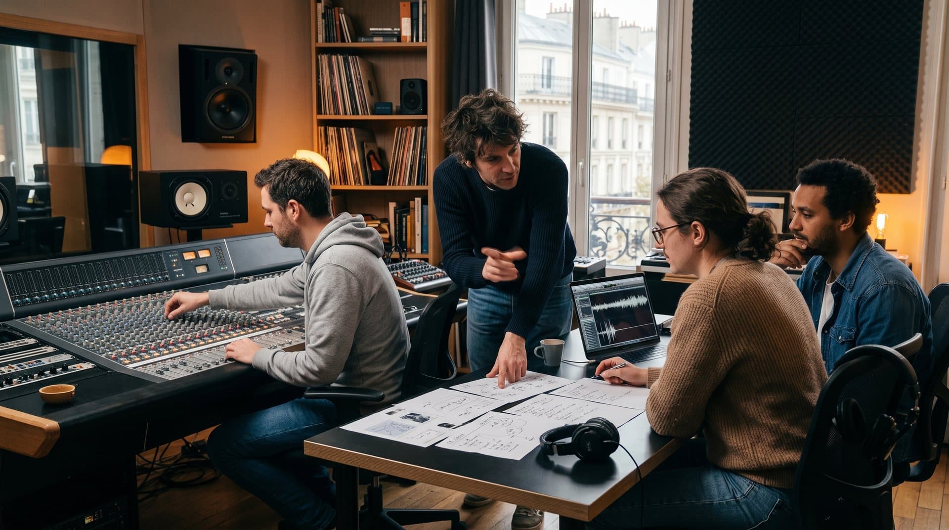 Équipe studio autour d'une grande console de mixage et du brief client