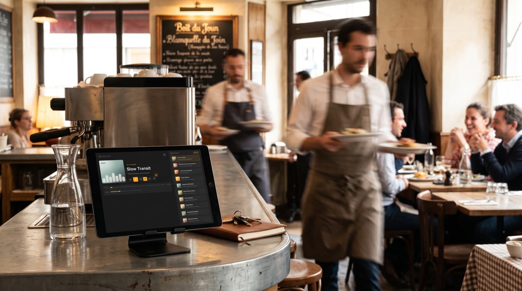 Le lecteur musical Humify sur une tablette au comptoir d’un restaurant animé et lumineux